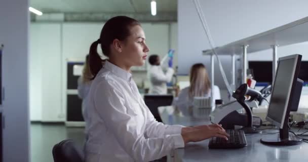 Retrato de ocupado Caucásico joven hermosa microbiología profesional médico especialista sentado en el laboratorio y el trabajo de mecanografía en la computadora examinar los resultados, mientras que los médicos trabajan en segundo plano Vista lateral — Vídeo de stock