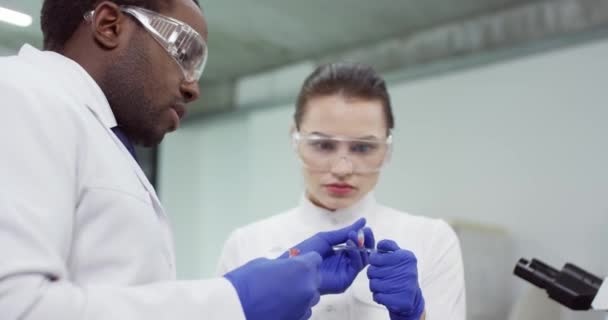 Gros plan de scientifiques en microbiologie professionnelle multiethnique, hommes et femmes, spécialistes debout dans un laboratoire clinique, lunettes de protection faisant des analyses de sang, discussion sur l'analyse d'échantillons, concept de recherche médicale — Video