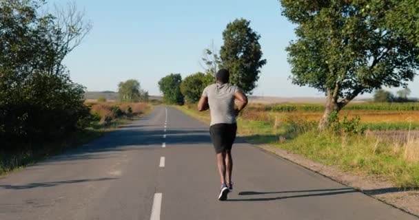 Visão traseira no afro-americano bonito forte masculino corredor correndo na estrada no campo no dia de verão. Homem desportivo atraente a correr ao ar livre. Concepção de desportista. Corredor desportivo. — Vídeo de Stock