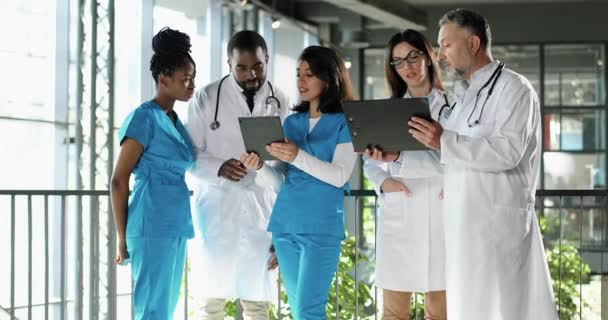 Medici multietnici, uomini e donne, in piedi in ospedale, parlando e discutendo la diagnosi. Razze miste medici maschi e femmine che discutono con cartella di documenti e tablet. — Video Stock