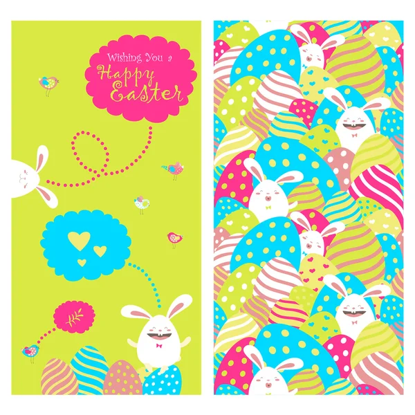 Greeting card with bunnies and easter eggs — Stock Vector