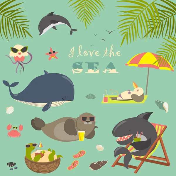 Conjunto vectorial de lindos animales marinos en el resort — Vector de stock