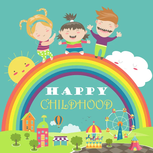 Enfants heureux avec arc-en-ciel et carrousel — Image vectorielle