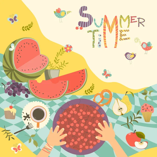 Picnic with summer fruits and berries — Stock Vector