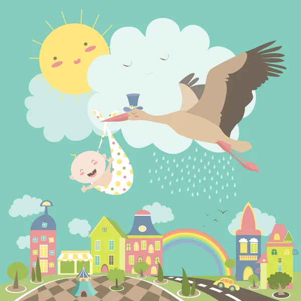 Oiseau cigogne avec bébé — Image vectorielle