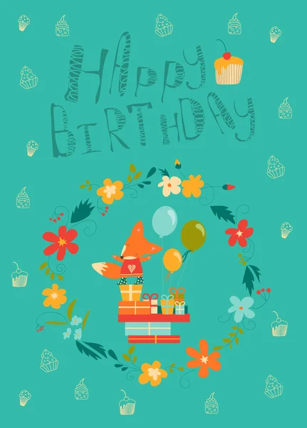 Happy birthday card with cute fox in wreath — Stock Vector