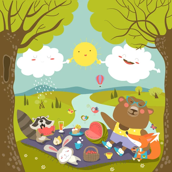 Animales en el picnic en el bosque — Vector de stock