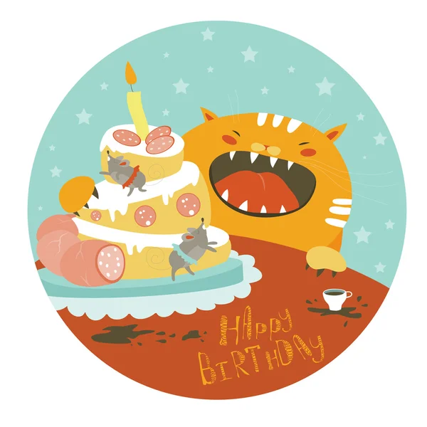 Funny cat and big cake with mouse — Stock Illustration Funny cat and big cake with mouse Vector Graphics