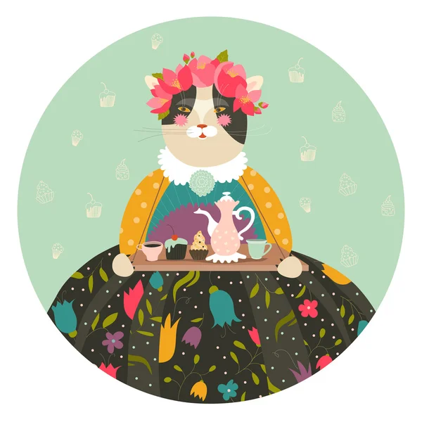 Милая кошка с чайником и торты носить платье — стоковый вектор
