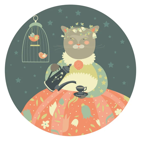 Милая кошка с чайником в платье — стоковый вектор