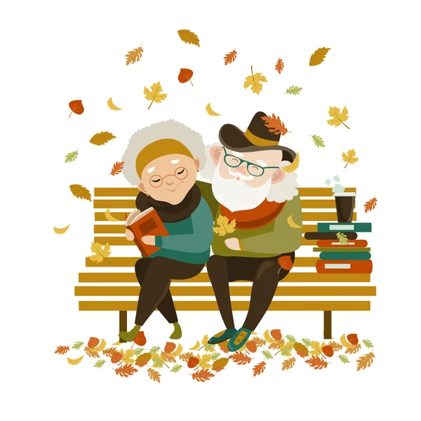 Pareja vieja enamorada sentada en el banco — Vector de stock