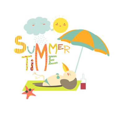 Komik martı şemsiyesi altında güneşlenmek