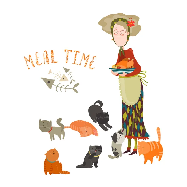 Old woman with her cats — Stock Vector