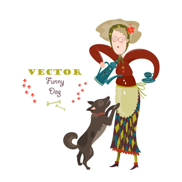 Alegre anciana con perro divertido — Vector de stock