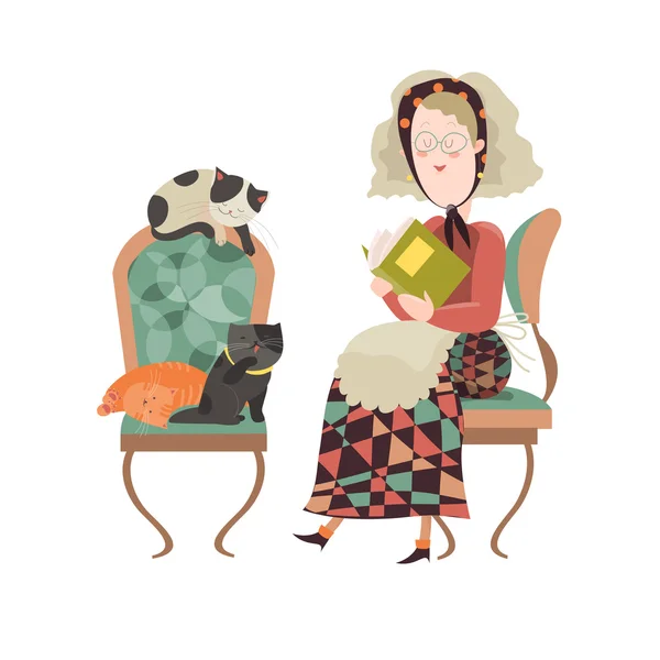 Vieille femme avec ses chats — Image vectorielle