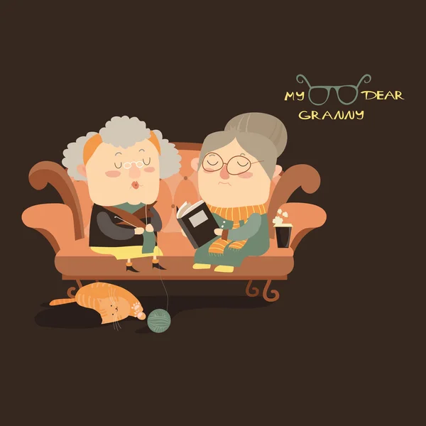 Wanita tua duduk di sofa - Stok Vektor