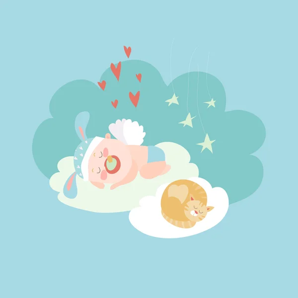 Bonito bebê anjo dormindo com gato —  Vetores de Stock