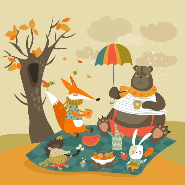 Animals at picnic in autumnal forest — Stock Vector