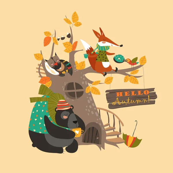 Lustige Tiere auf dem Herbstbaum — Stockvektor