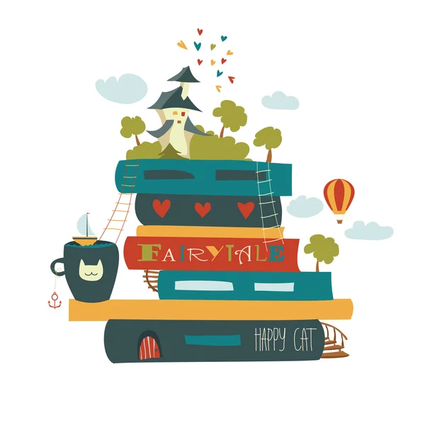 Concepto de cuento de hadas con libro y castillo medieval — Vector de stock