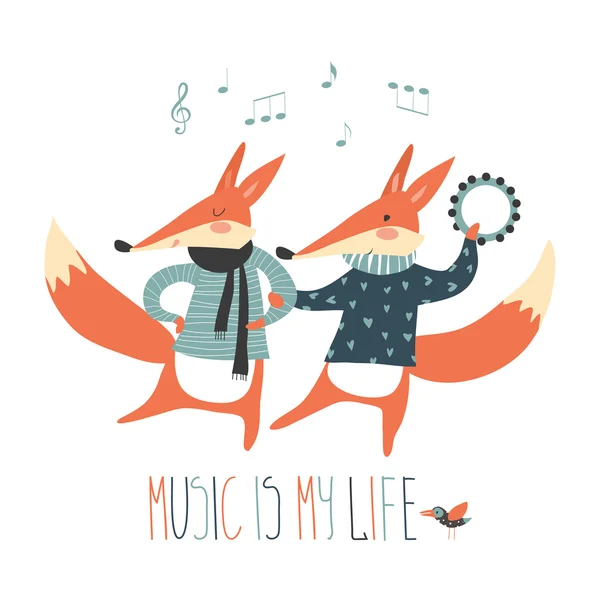 Cheerful dancing foxes on a white background — Stock Vector