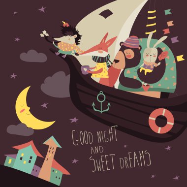 Sevimli hayvanlar gece gökyüzünde teknede Yüzme