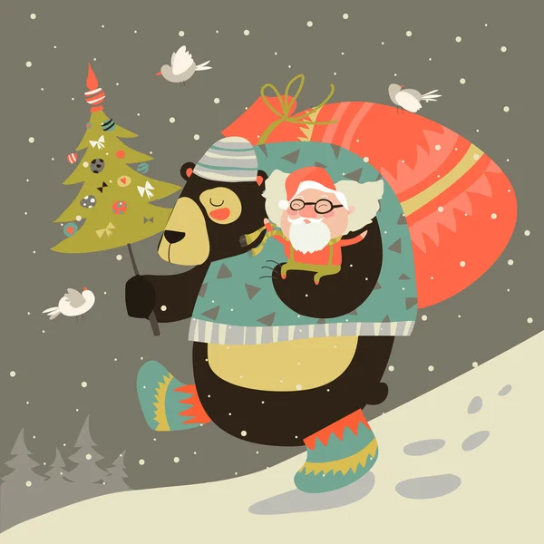 Смешной медведь с счастливым Санта-Клаусом — стоковый вектор