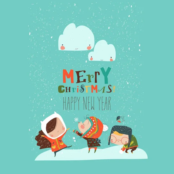 Dibujos animados niños felices disfrutando en la nieve — Vector de stock