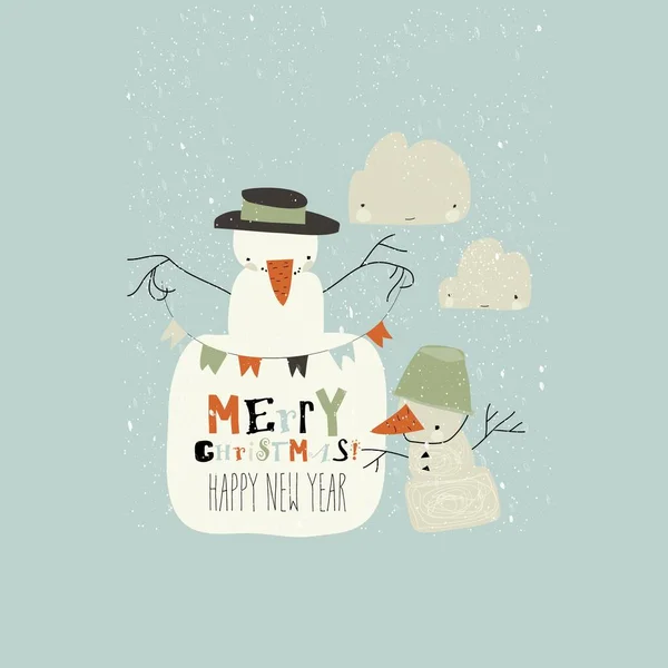 Amusants bonhommes de neige dessin animé célébrant les vacances d'hiver. Joyeux Noël — Image vectorielle