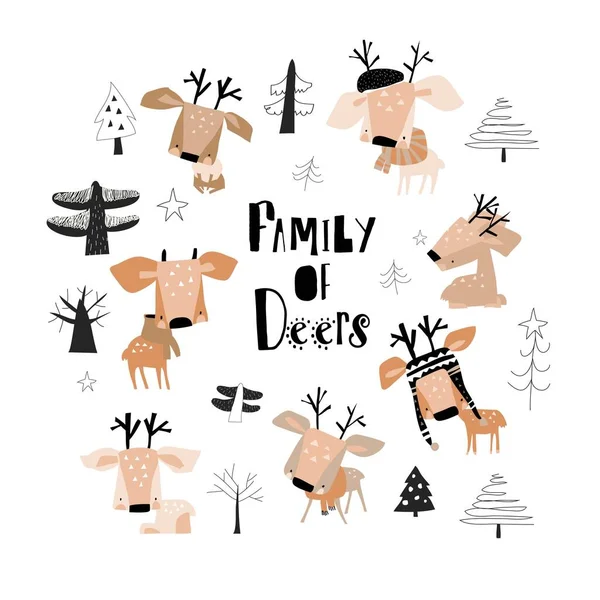Set s roztomilými kreslenými jeleny v lese — Stockový vektor