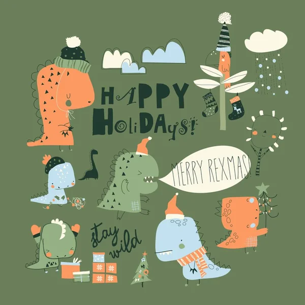 Niedliche Cartoon-Dinosaurier feiern Weihnachten. Frohe Feiertage — Stockvektor