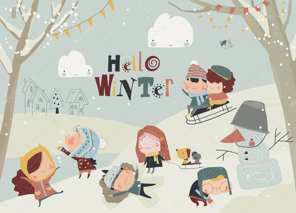 Happy cute kids playing winter games. Hello winter