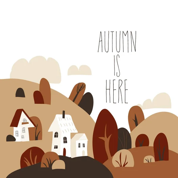 Paisaje de otoño de dibujos animados con cabañas y bosque colorido — Vector de stock