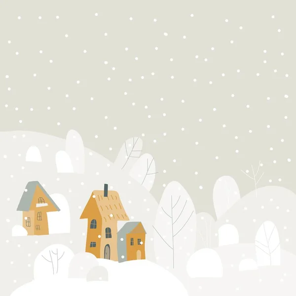 Dibujos animados paisaje de invierno con casas de campo y árboles — Vector de stock