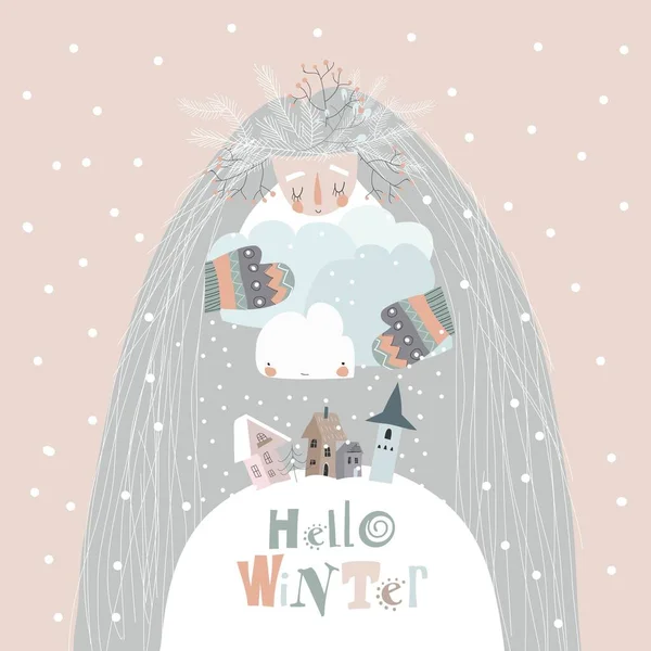 Ilustração conceitual da mãe inverno abraçando nuvens com neve —  Vetores de Stock