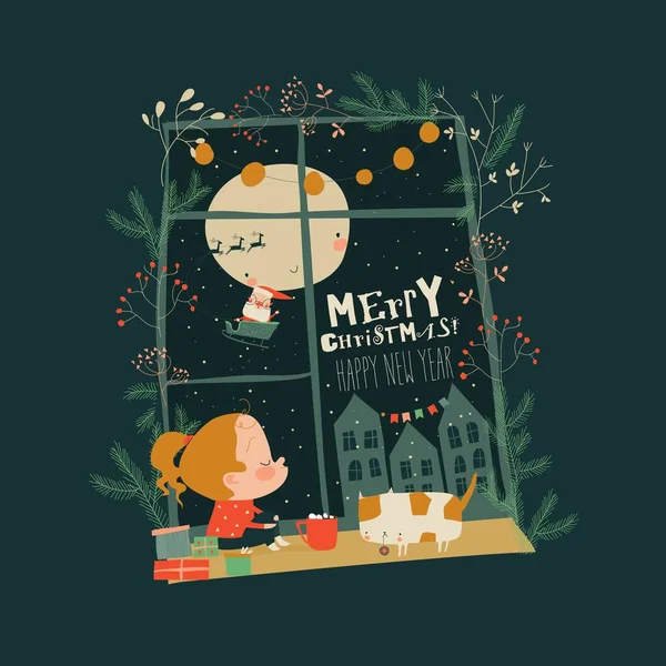 Niña mirando por la ventana detrás de Santa Claus — Vector de stock