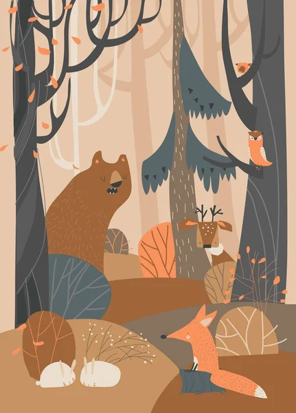 Dessin animé animaux mignons dans la forêt colorée d'automne — Image vectorielle