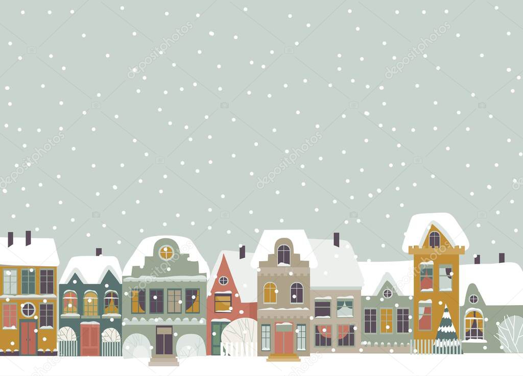 Cute cartoon little town in Christmas time