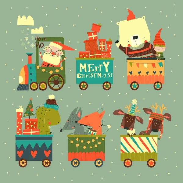 산타와 동물들과 함께 하는 즐거운 크리스마스 열차 — 스톡 벡터