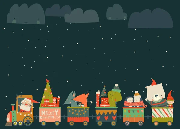 Comboio de Natal alegre com Papai Noel e animais — Vetor de Stock