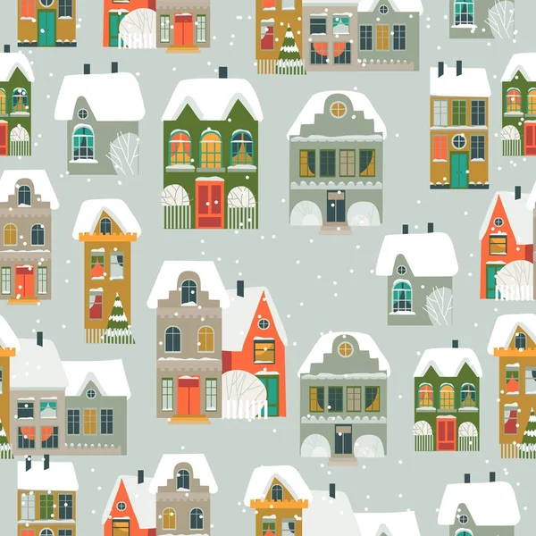 Modèle sans couture avec dessin animé petite ville au temps de Noël — Image vectorielle