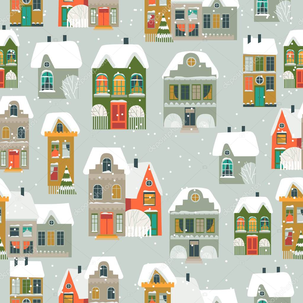 Seamless pattern with cartoon little town in Christmas time