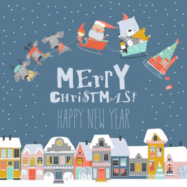 Noel Baba ve hayvanlarla dolu çizgi film kızağı kar yağan kasabanın üzerinde uçuyor.