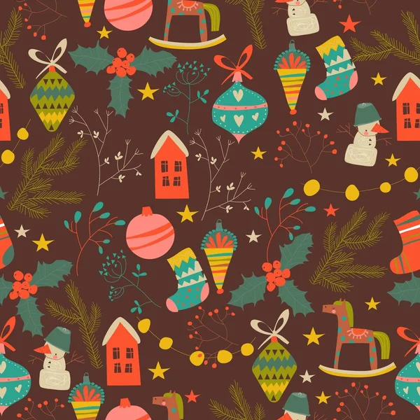 Nahtloses Muster mit Weihnachtsdekoration, Zweigen und Pflanzen — Stockvektor