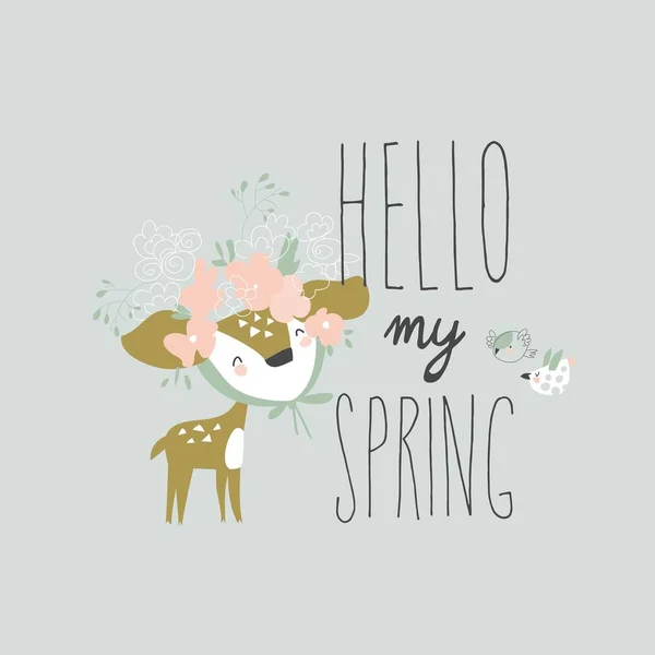 Cartoon little deer with wreath meeting spring — Stock Vector