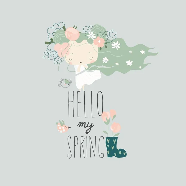 Beautiful cartoon girl with streaming hear. Hello spring — Stock Vector