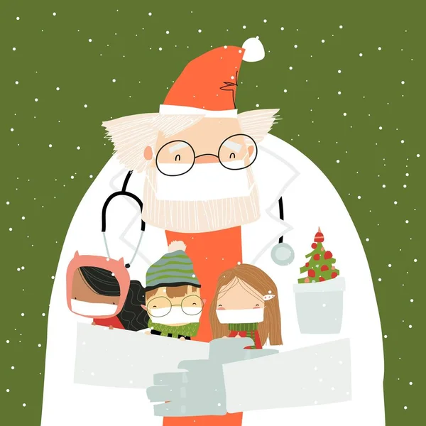 ซานตาคลอสสวมหน้ากากป้องกันและชุดของหมอกับเด็กที่มีความสุขฉลองคริสต์มาส — ภาพเวกเตอร์สต็อก