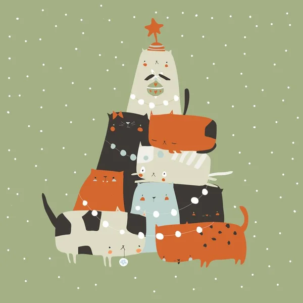 El abeto de los gatos. Abeto de mascota. Árbol de Navidad de gatos — Vector de stock