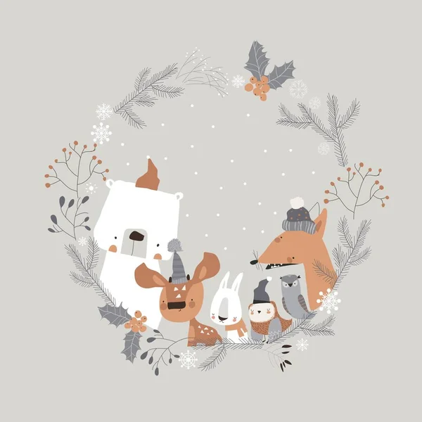 Lindos animales de dibujos animados reunión de vacaciones en la corona de invierno — Vector de stock