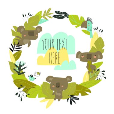 Koalalı çizgi film çelengi ve beyaz arka planda bitkiler